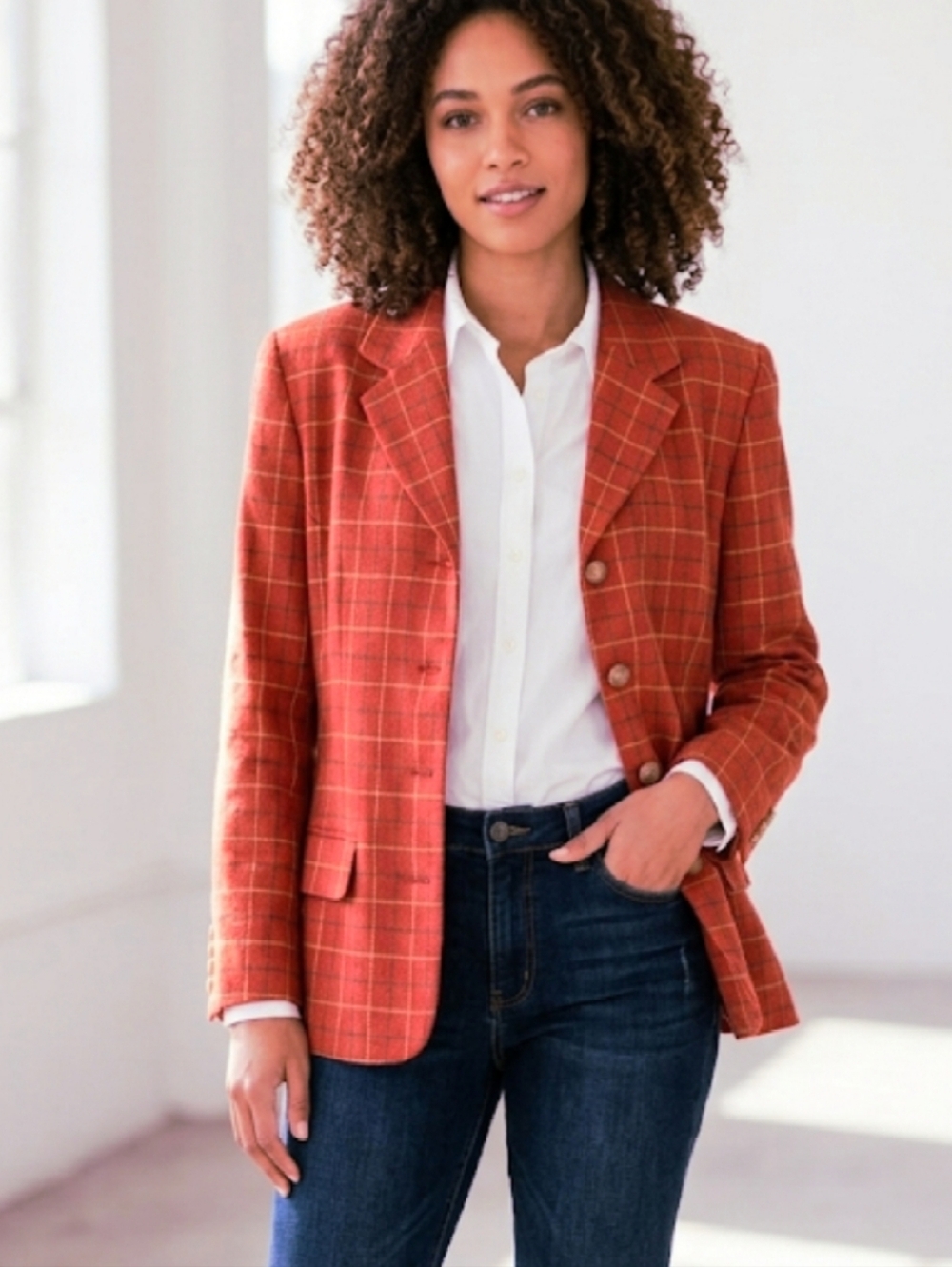 J. Peterman Orange Plaid Wool Blazer